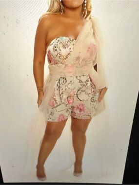 Fashion Nova Strapless Floral romper Tulle   - Pink /Cream